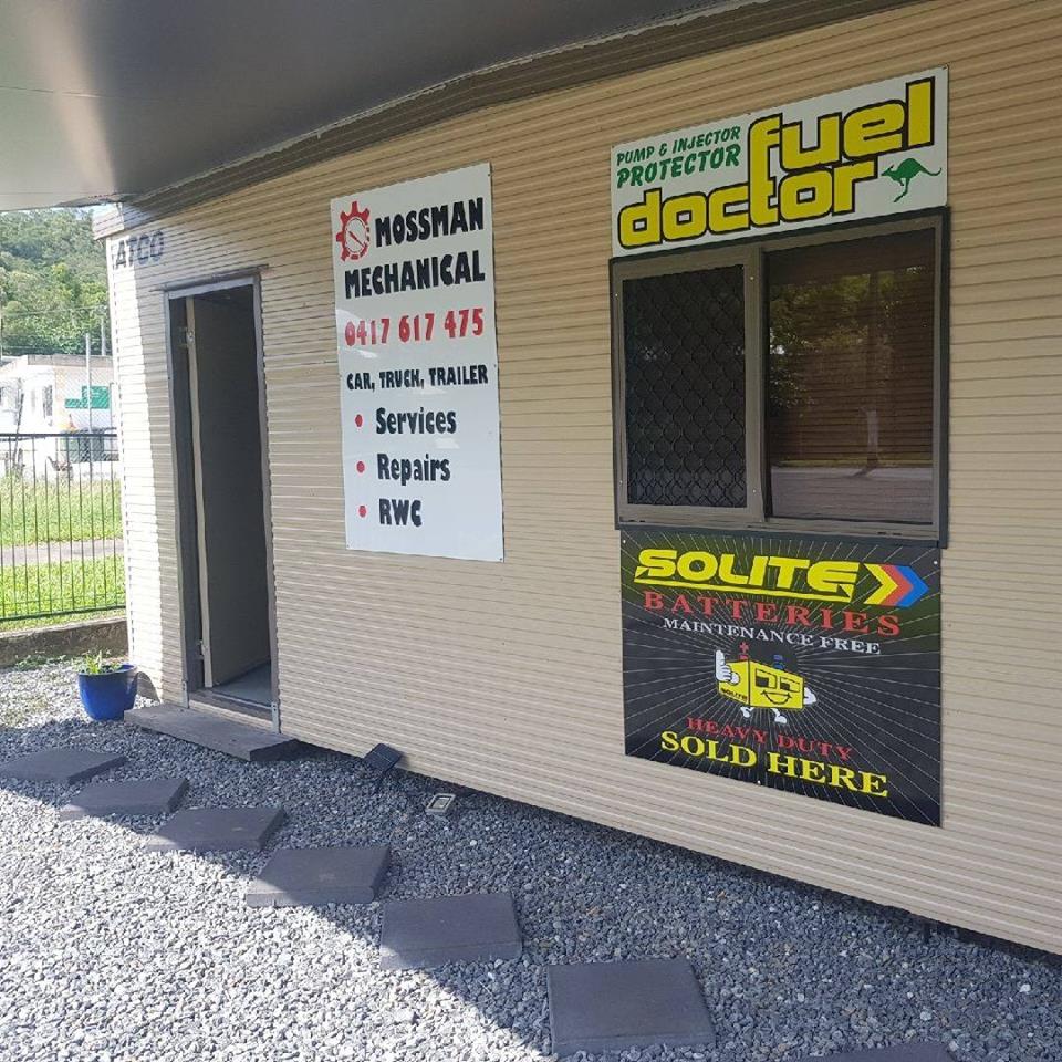 The Mossman Mechanical sign board on the office wall listing car, truck and trailer services, repairs and RWC